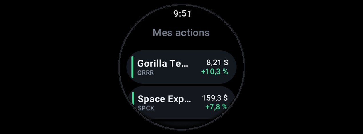 Mes actions affichée sur une montre : liste des valeurs et variations du jour