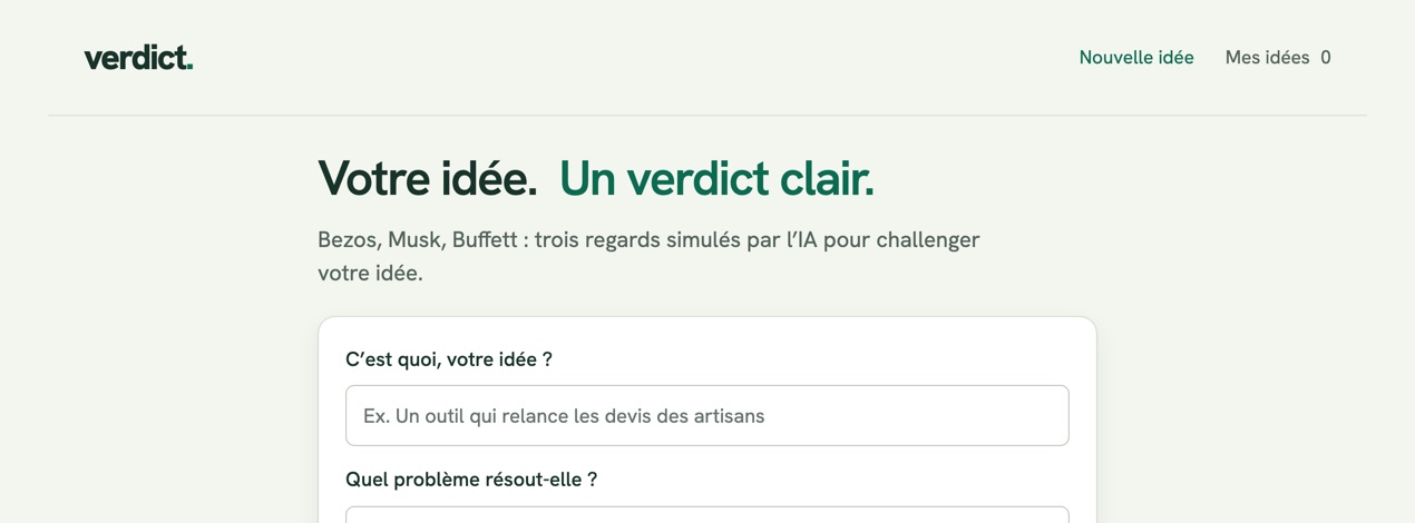 Interface de Verdict : décrire son idée pour obtenir un verdict
